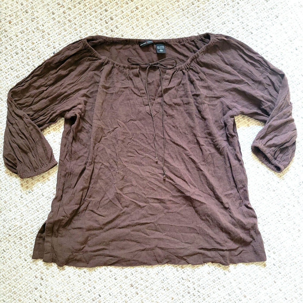 NY&Co Womens Large Brown Cotton Peasant Blouse Puff Sleeve Boho Renaissance
